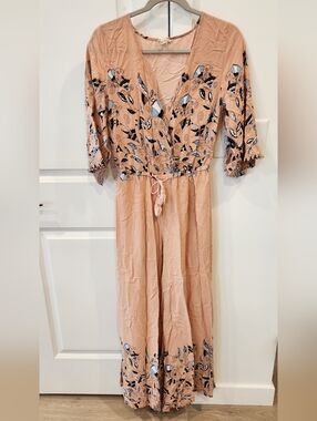 Jaase Peach Floral Print Cropped Jumpsuit with Blue & Black Accents
